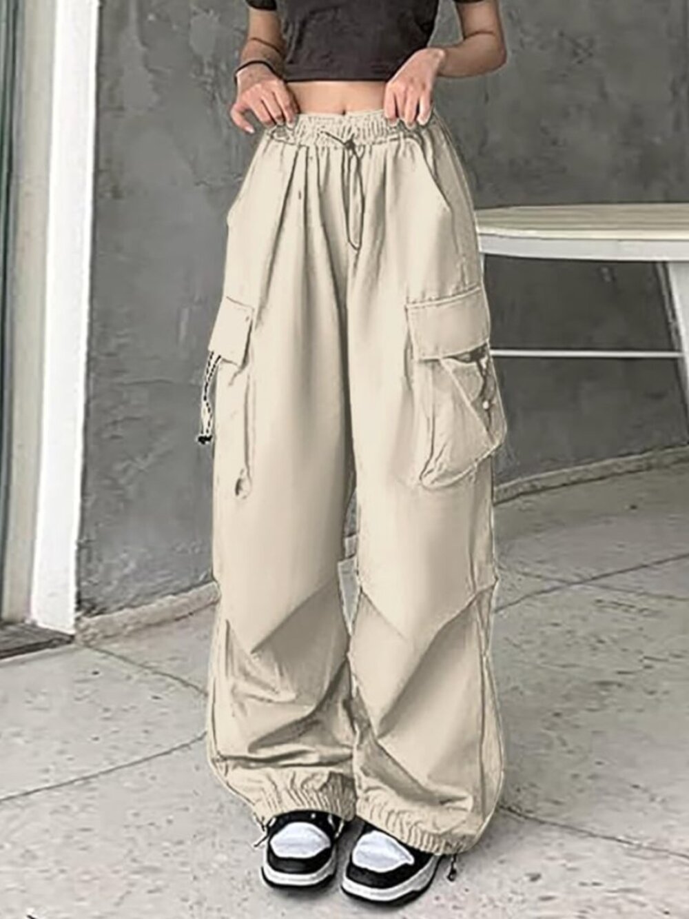 Korea Khaki Beige Parachute Cargo Pants